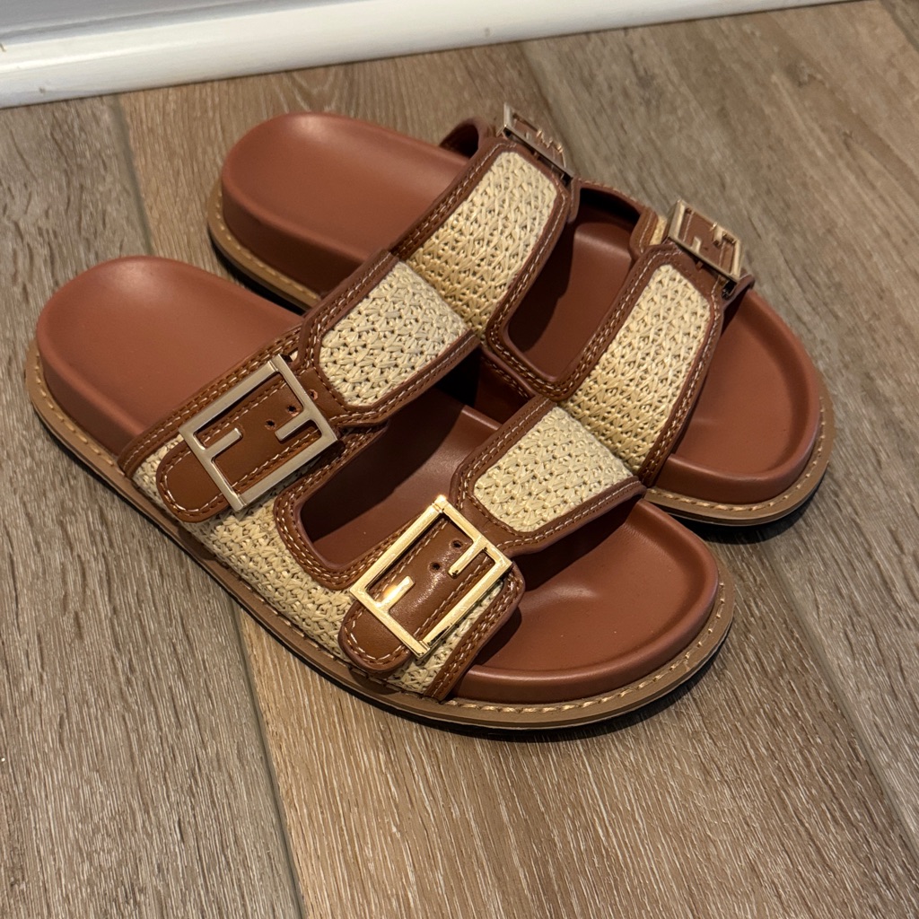 Brown And Tan Slide Sandals With Buckles